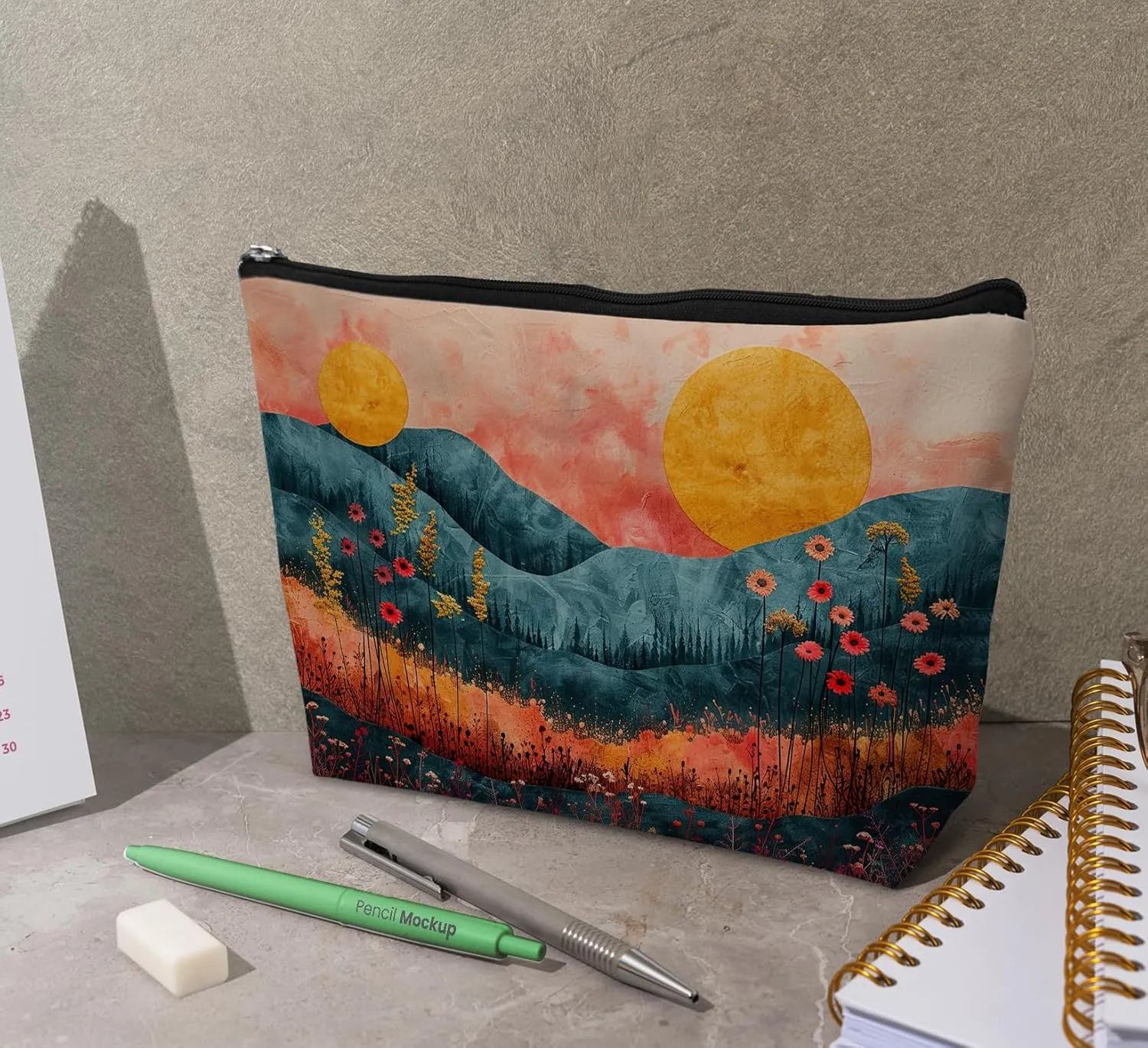 Abstract Aesthetic Plants Landscape Makeup Bag Cosmetic Bag,Vintage Flower Waves Leather Small Zipper Pouch for Purse,Cosmetic Bag Zipper Pouch for Women Teens Girl,Small Makeup Bag
