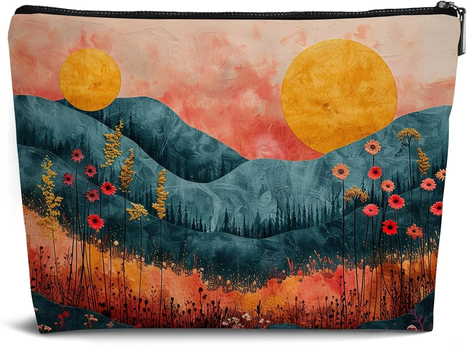 Abstract Aesthetic Plants Landscape Makeup Bag Cosmetic Bag,Vintage Flower Waves Leather Small Zipper Pouch for Purse,Cosmetic Bag Zipper Pouch for Women Teens Girl,Small Makeup Bag