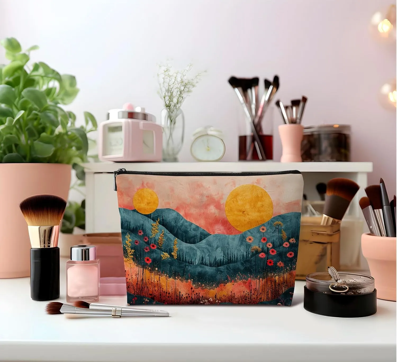 Abstract Aesthetic Plants Landscape Makeup Bag Cosmetic Bag,Vintage Flower Waves Leather Small Zipper Pouch for Purse,Cosmetic Bag Zipper Pouch for Women Teens Girl,Small Makeup Bag