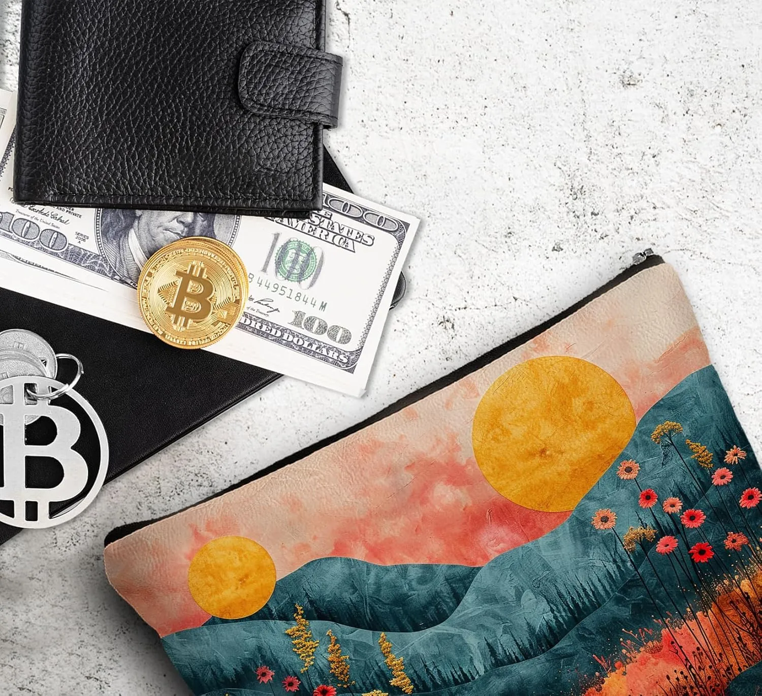 Abstract Aesthetic Plants Landscape Makeup Bag Cosmetic Bag,Vintage Flower Waves Leather Small Zipper Pouch for Purse,Cosmetic Bag Zipper Pouch for Women Teens Girl,Small Makeup Bag