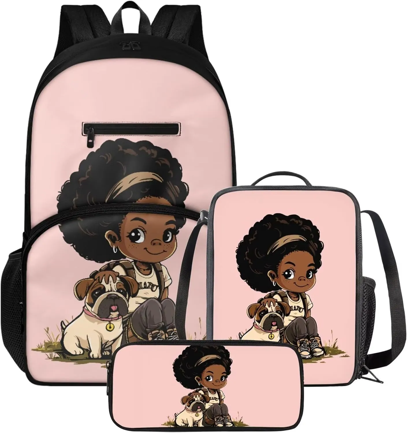 African Girl Backpack 3 Piece Backpack Set for Teen Girls School Bookbag with Lunch Bag and School Pencil Box Large Capacity Pencil Case With Supplies Insulated Lunch Bag