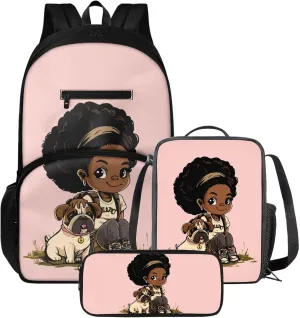 African Girl Backpack 3 Piece Backpack Set for Teen Girls School Bookbag with Lunch Bag and School Pencil Box Large Capacity Pencil Case With Supplies Insulated Lunch Bag