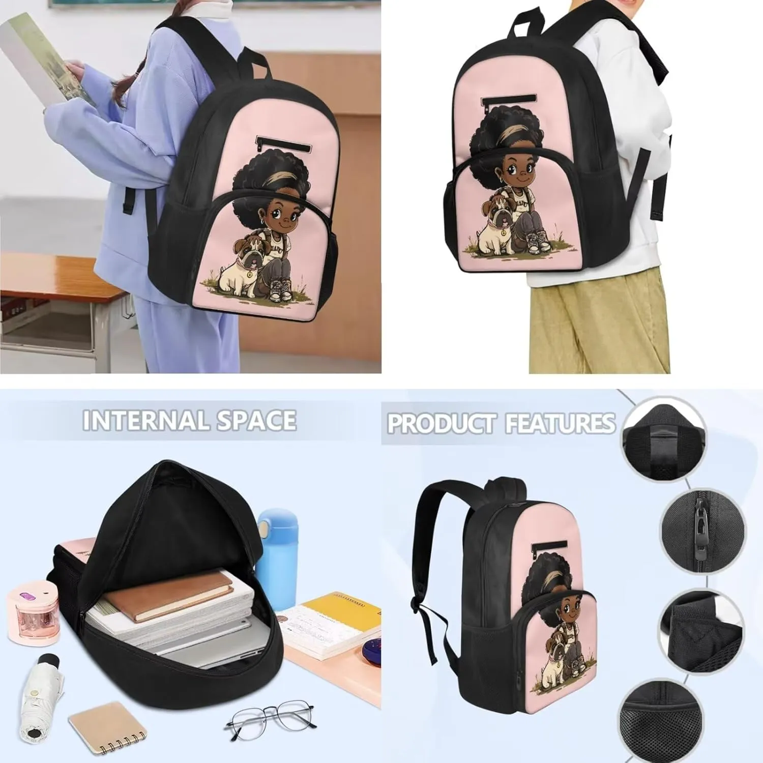 African Girl Backpack 3 Piece Backpack Set for Teen Girls School Bookbag with Lunch Bag and School Pencil Box Large Capacity Pencil Case With Supplies Insulated Lunch Bag