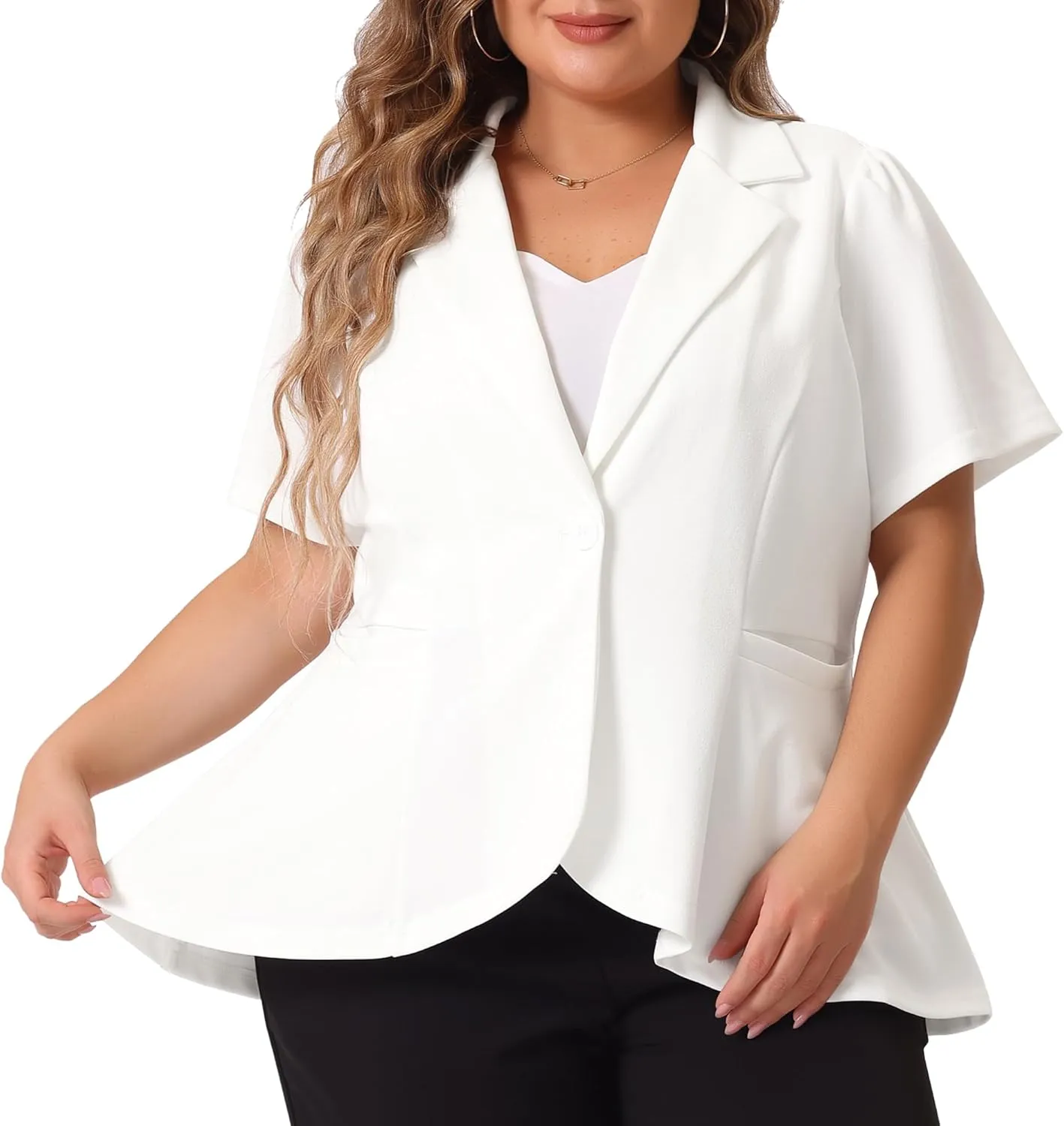 Agnes Orinda Plus Size Blazer for Women Short Sleeve Office Work Button Jacket Business Suit Blazers