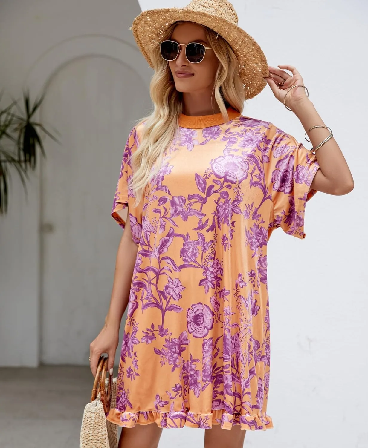 Aimiray Women's Vintage Velvet Dress Round Neck Short Sleeve Floral Printed Mini Flowy Dress