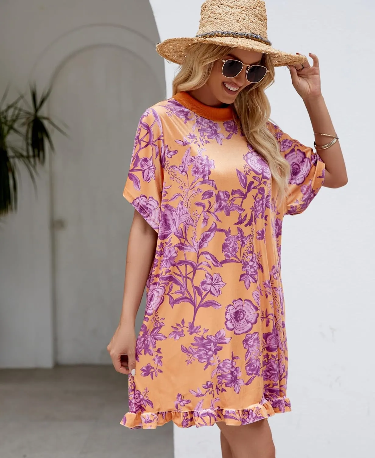 Aimiray Women's Vintage Velvet Dress Round Neck Short Sleeve Floral Printed Mini Flowy Dress