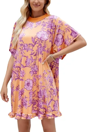 Aimiray Women's Vintage Velvet Dress Round Neck Short Sleeve Floral Printed Mini Flowy Dress