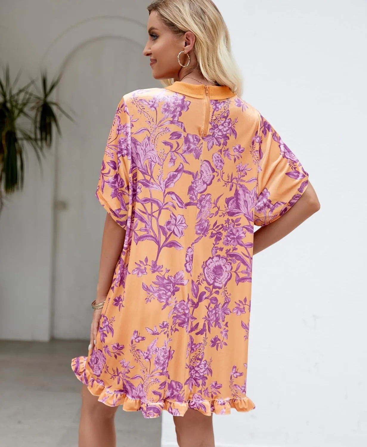Aimiray Women's Vintage Velvet Dress Round Neck Short Sleeve Floral Printed Mini Flowy Dress