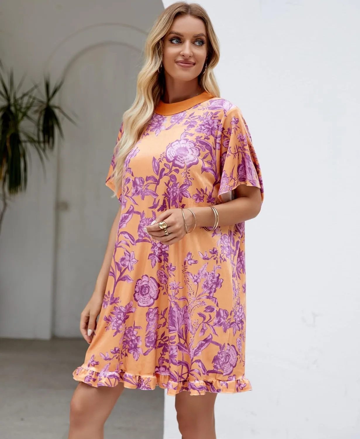 Aimiray Women's Vintage Velvet Dress Round Neck Short Sleeve Floral Printed Mini Flowy Dress