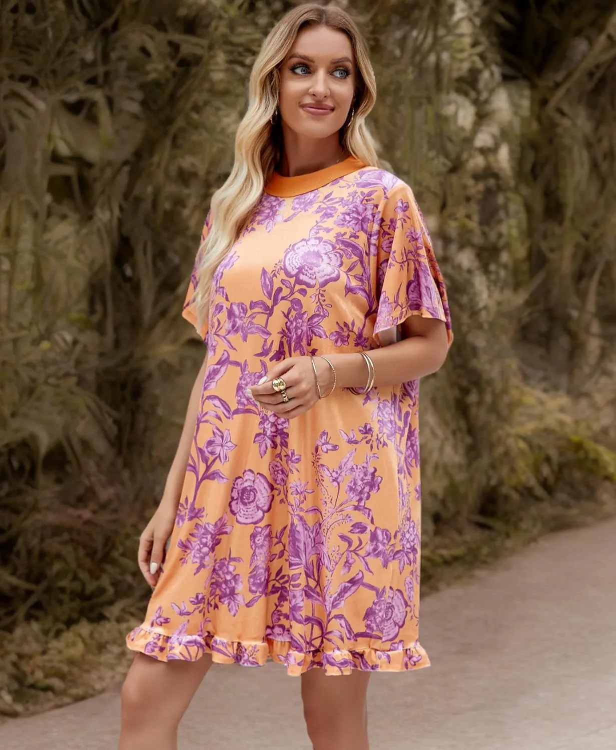 Aimiray Women's Vintage Velvet Dress Round Neck Short Sleeve Floral Printed Mini Flowy Dress