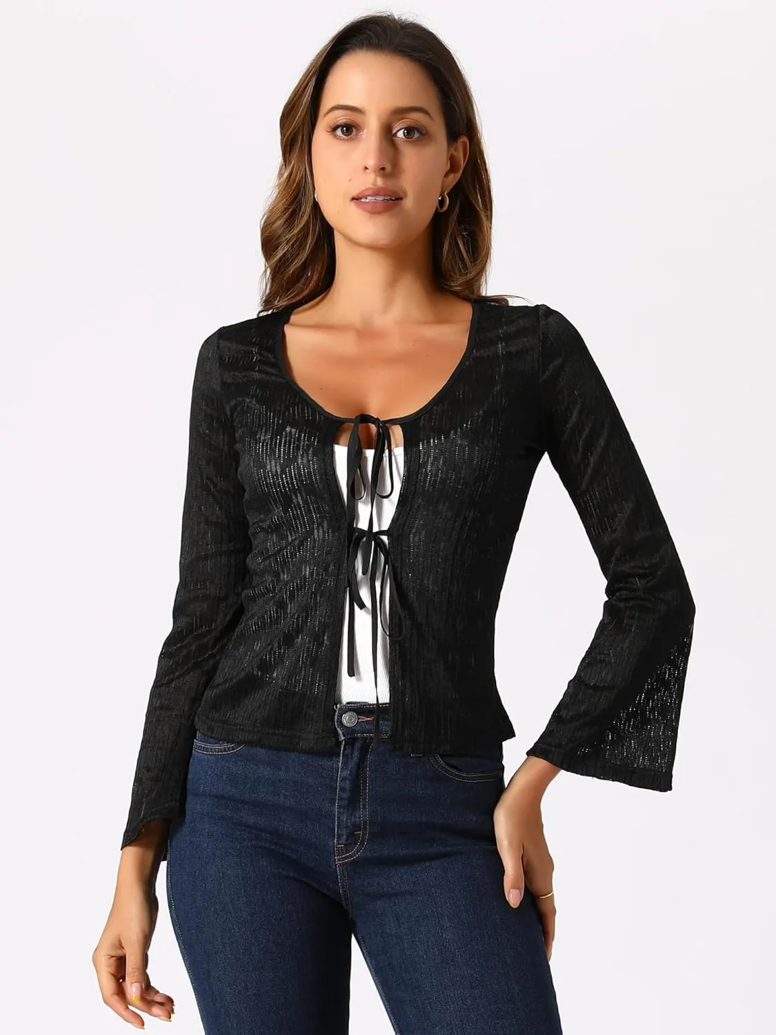 Allegra K Lace Shrug Top for Women's Tie Front Bell Long Sleeve Bolero Cardigan