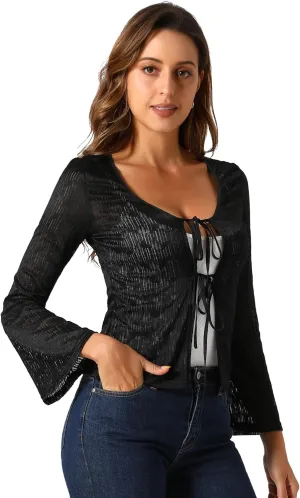 Allegra K Lace Shrug Top for Women's Tie Front Bell Long Sleeve Bolero Cardigan