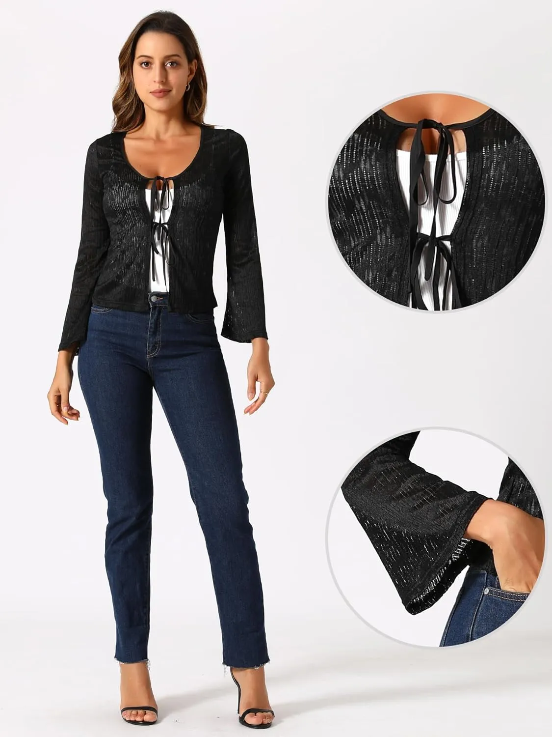 Allegra K Lace Shrug Top for Women's Tie Front Bell Long Sleeve Bolero Cardigan