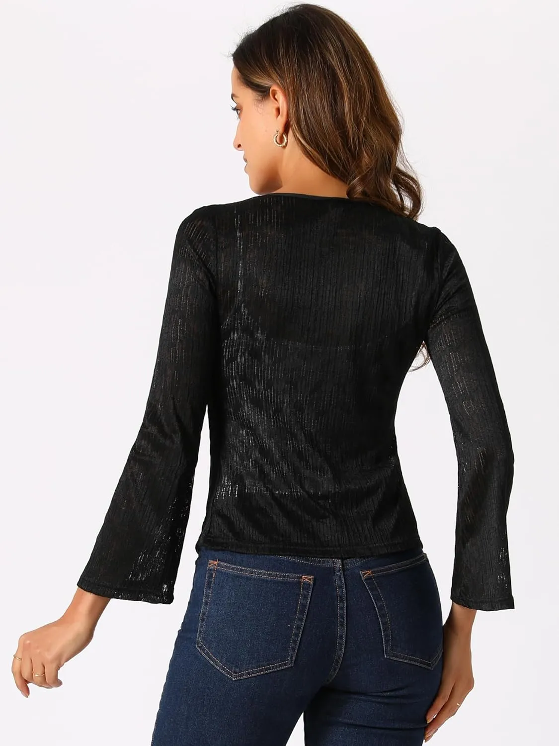 Allegra K Lace Shrug Top for Women's Tie Front Bell Long Sleeve Bolero Cardigan