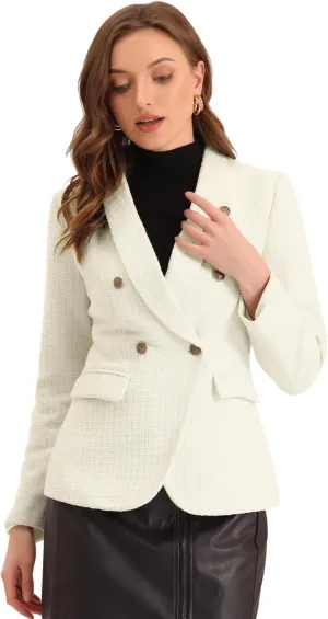 Allegra K Tweed Blazer for Women's Notch Lapels Double Breasted Plaid Jacket Work Office Blazer