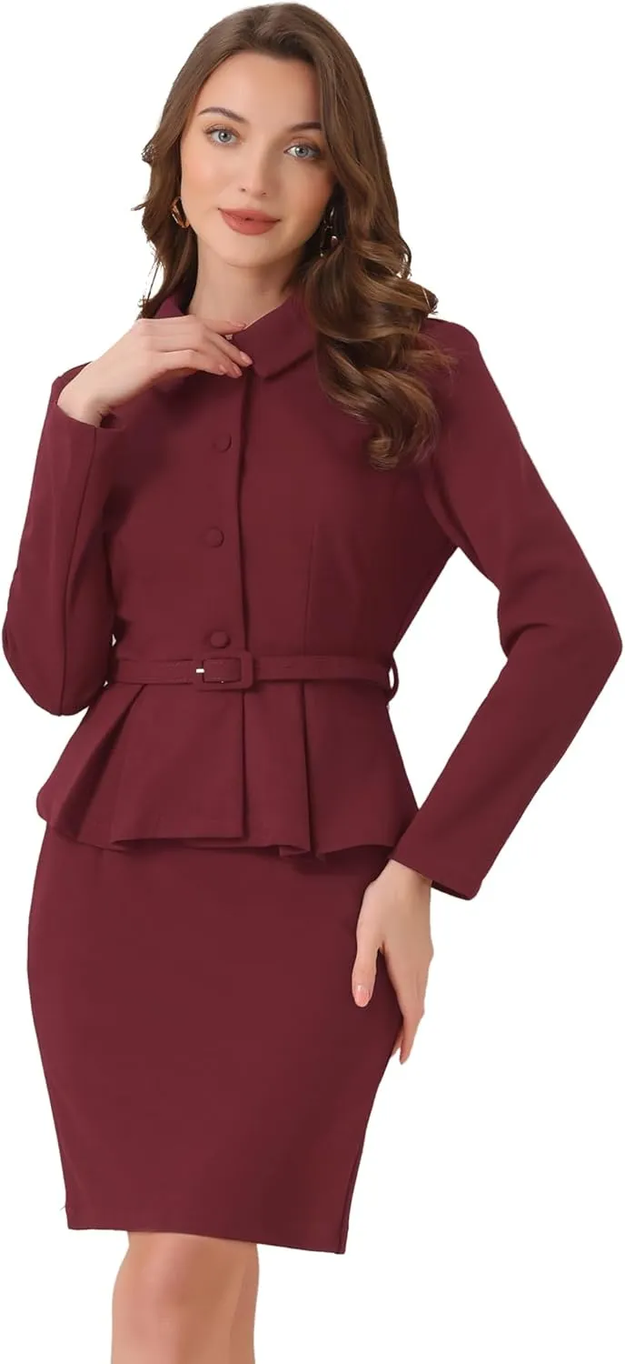 Allegra K Two Pieces Suits for Women's Business Peplum Blazer Jacket Mini Pencil Skirt Sets
