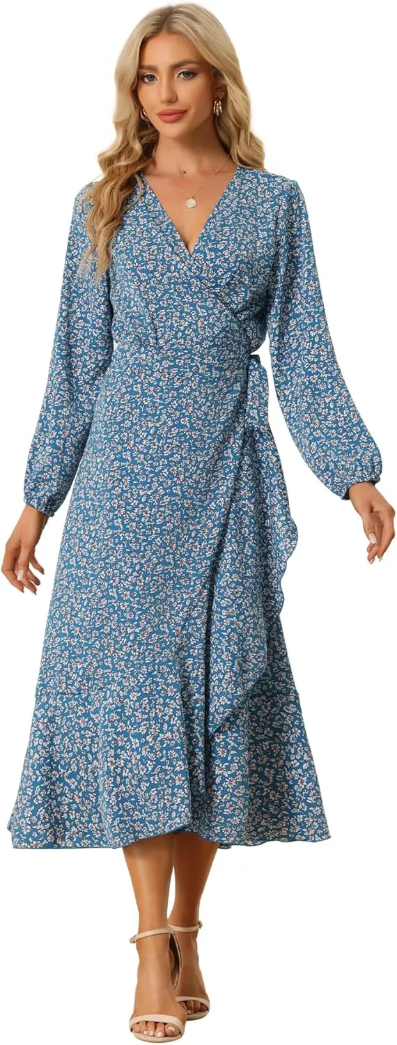 Allegra K Women's Long Sleeve Midi Dress Tie Waist Vintage Floral Print Wrap Boho Flowy Long Dresses