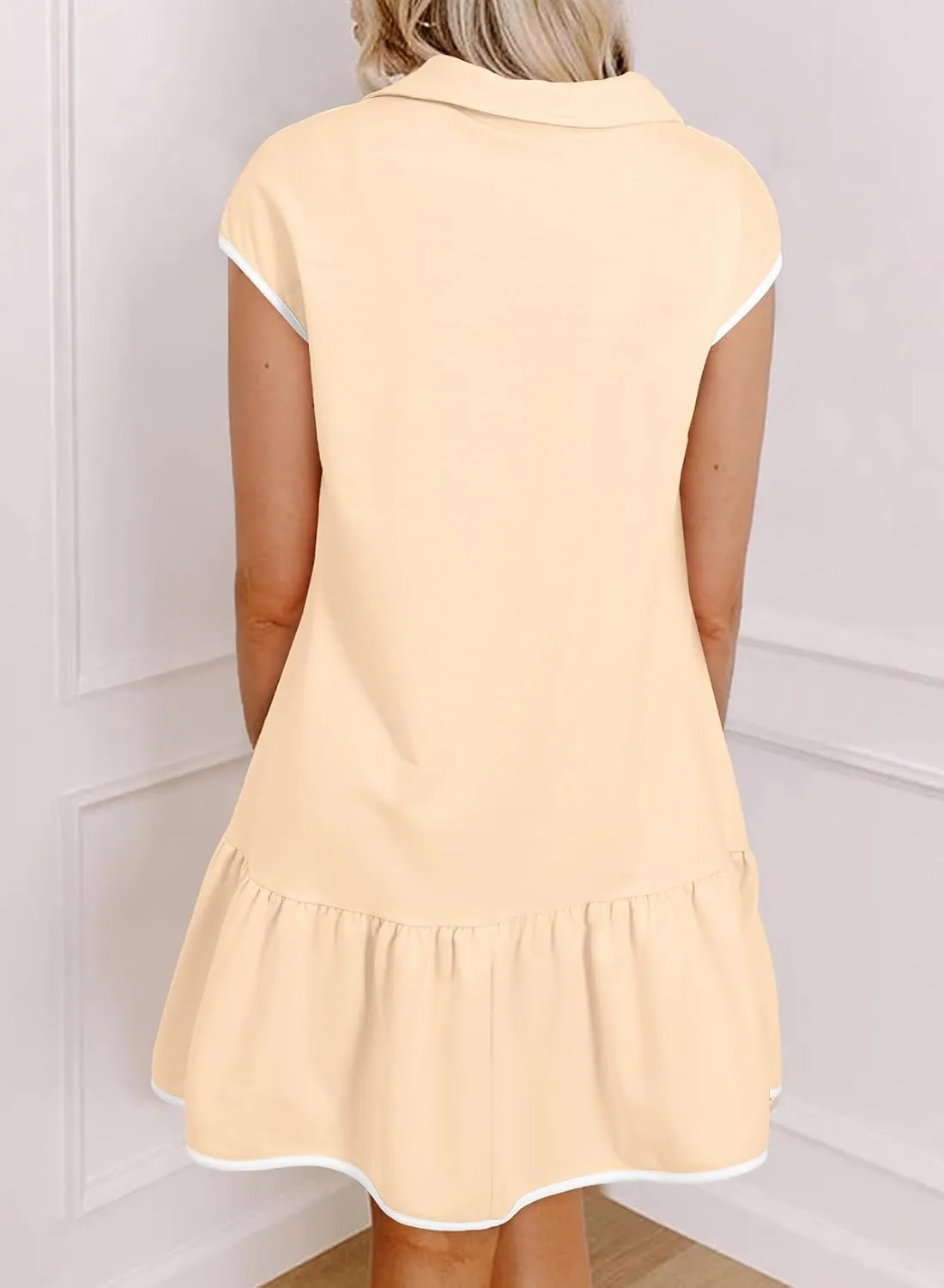 AlvaQ Women Dresses Casual Spring Summer Colorblock Cap Sleeve Half Zip Patchwork Mini Dress with Pockets