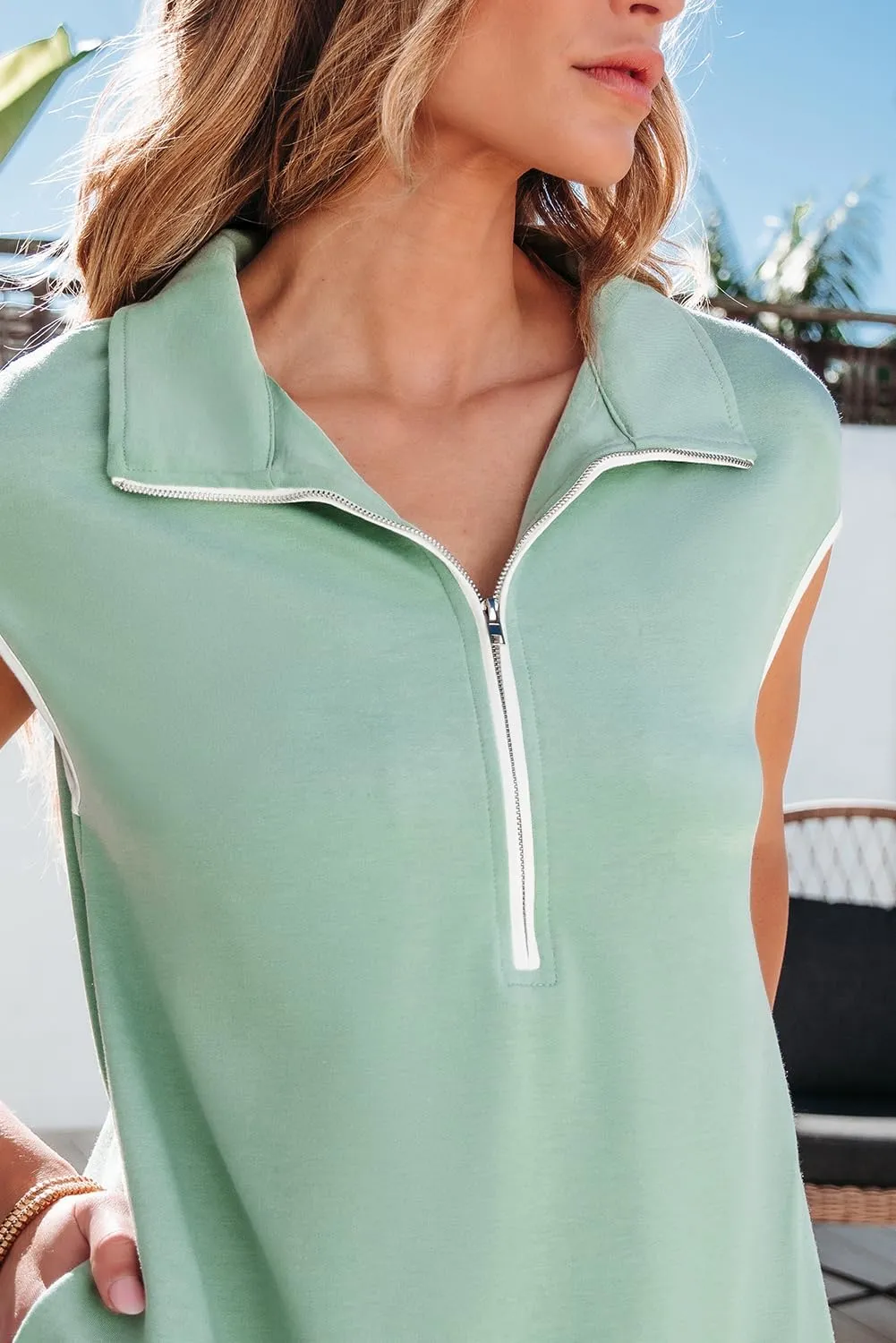 AlvaQ Women Dresses Casual Spring Summer Colorblock Cap Sleeve Half Zip Patchwork Mini Dress with Pockets