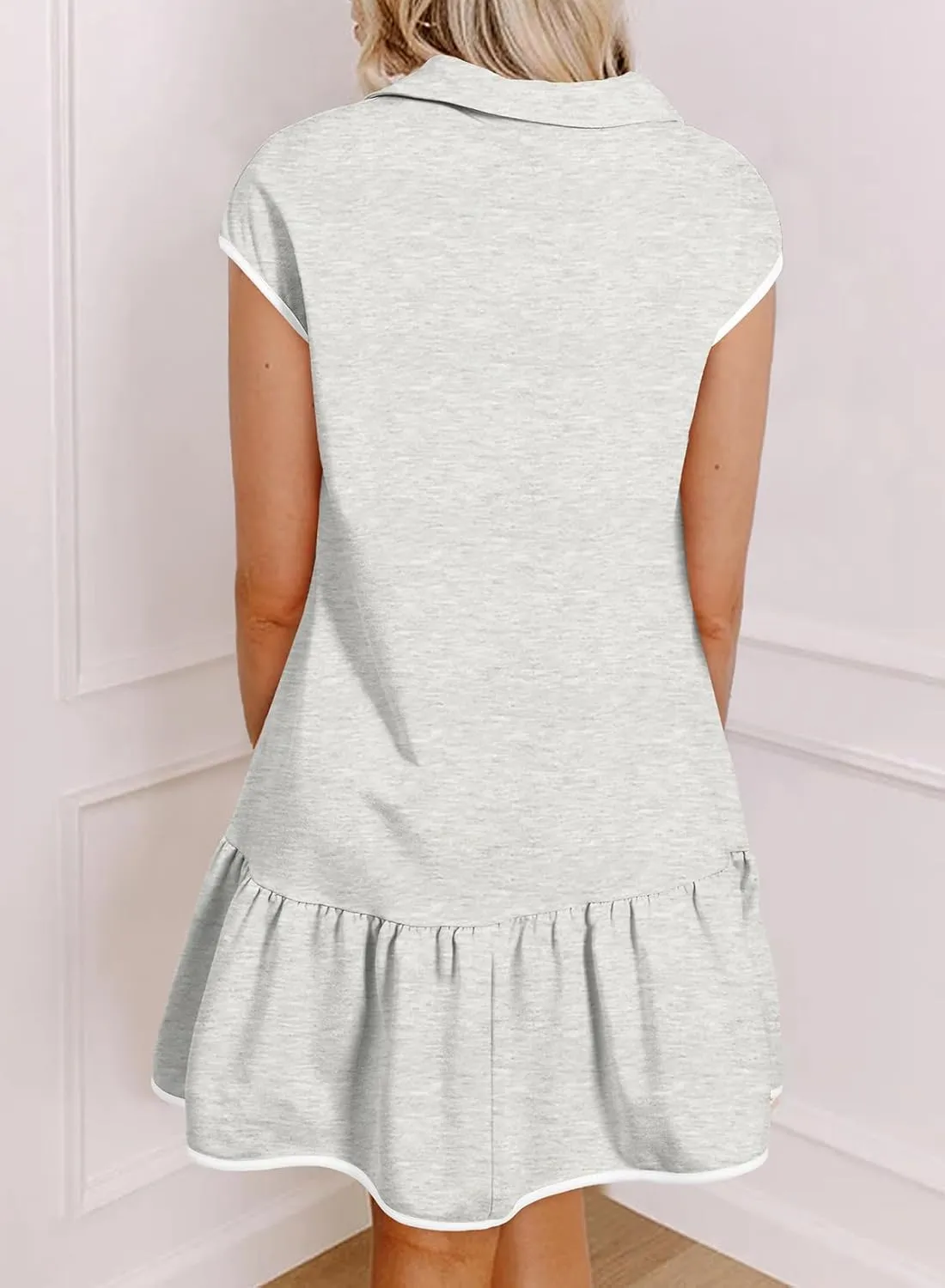 AlvaQ Women Dresses Casual Spring Summer Colorblock Cap Sleeve Half Zip Patchwork Mini Dress with Pockets