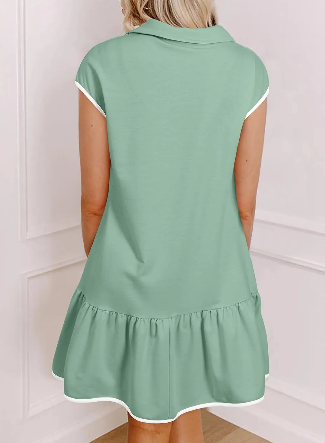 AlvaQ Women Dresses Casual Spring Summer Colorblock Cap Sleeve Half Zip Patchwork Mini Dress with Pockets