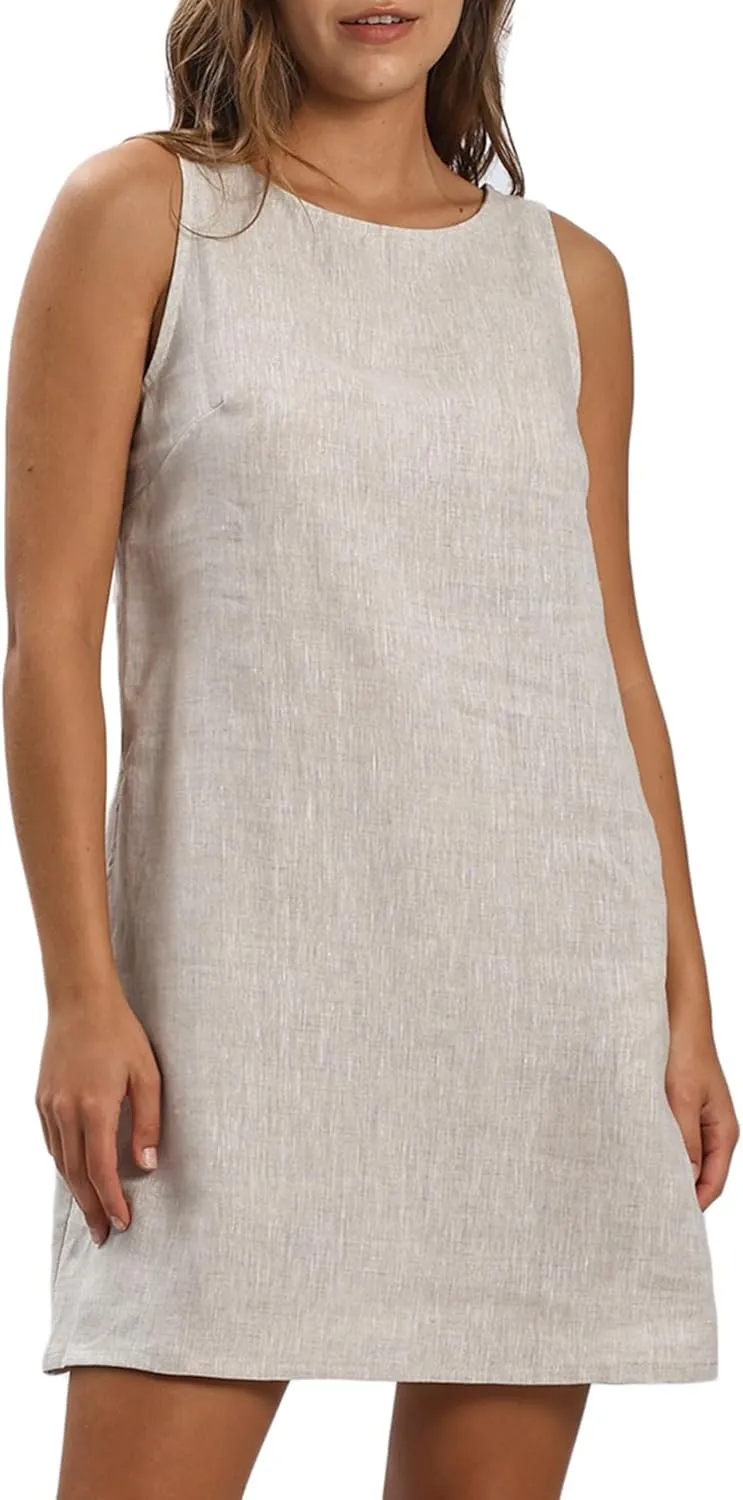 Amazhiyu Women's 100% Linen Summer Casual Sleeveless Crewneck Tank Mini Dresses