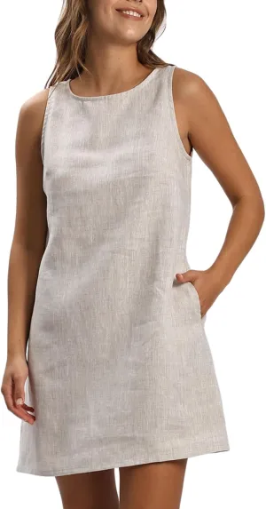 Amazhiyu Women's 100% Linen Summer Casual Sleeveless Crewneck Tank Mini Dresses