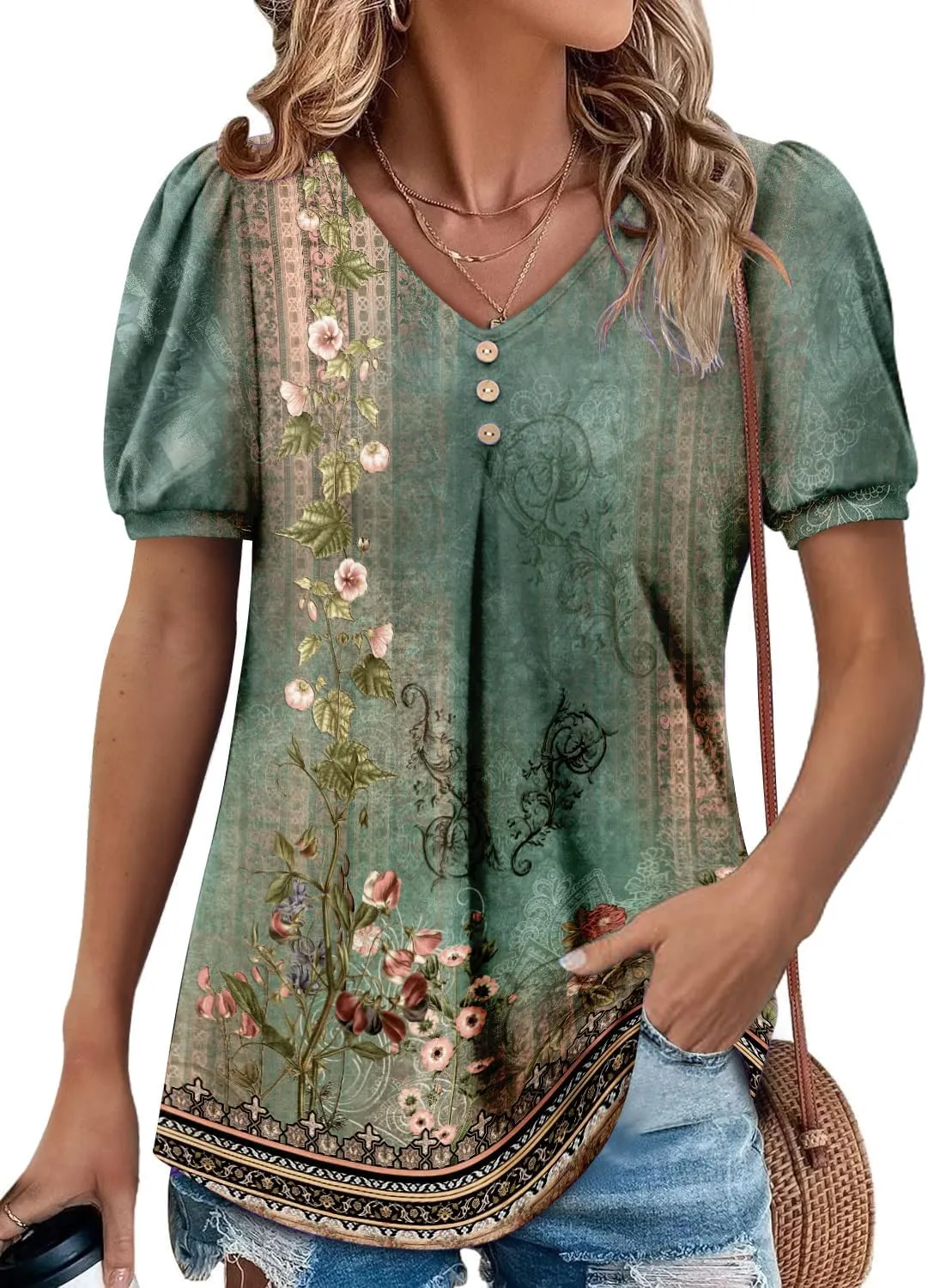 Angerella Women Tunic Tops Dressy Casual Summer Short Sleeve V Neck Shirts Floral Loose Fit Pleated Boho Top S-3XL