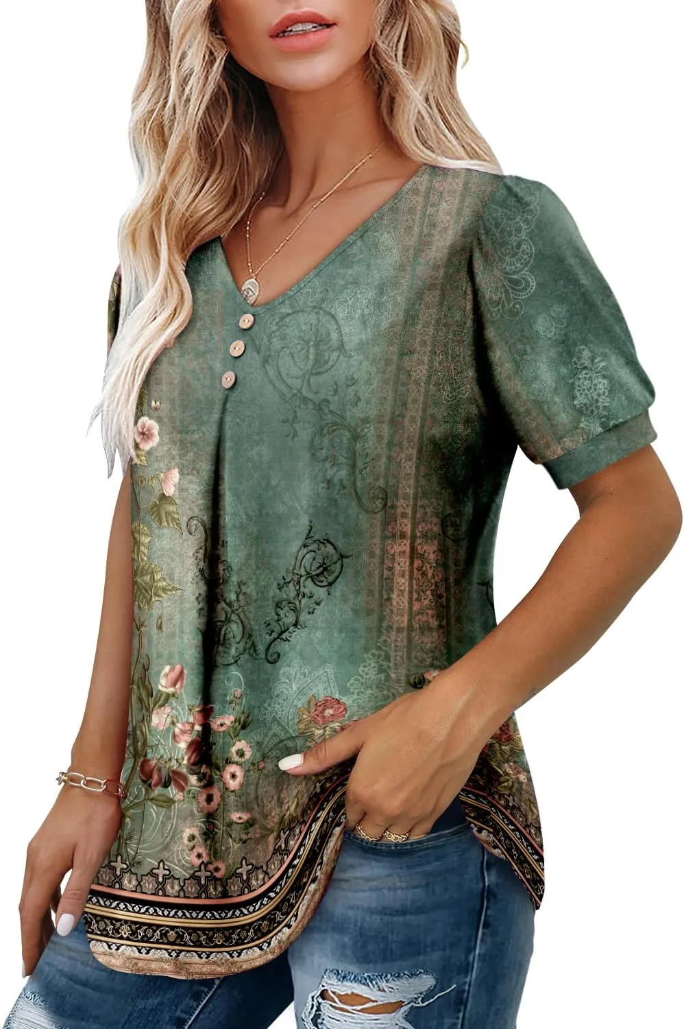 Angerella Women Tunic Tops Dressy Casual Summer Short Sleeve V Neck Shirts Floral Loose Fit Pleated Boho Top S-3XL