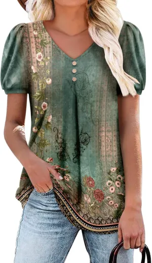 Angerella Women Tunic Tops Dressy Casual Summer Short Sleeve V Neck Shirts Floral Loose Fit Pleated Boho Top S-3XL