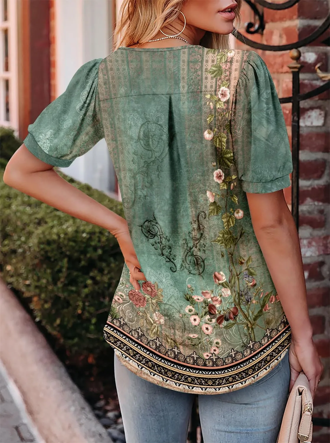 Angerella Women Tunic Tops Dressy Casual Summer Short Sleeve V Neck Shirts Floral Loose Fit Pleated Boho Top S-3XL