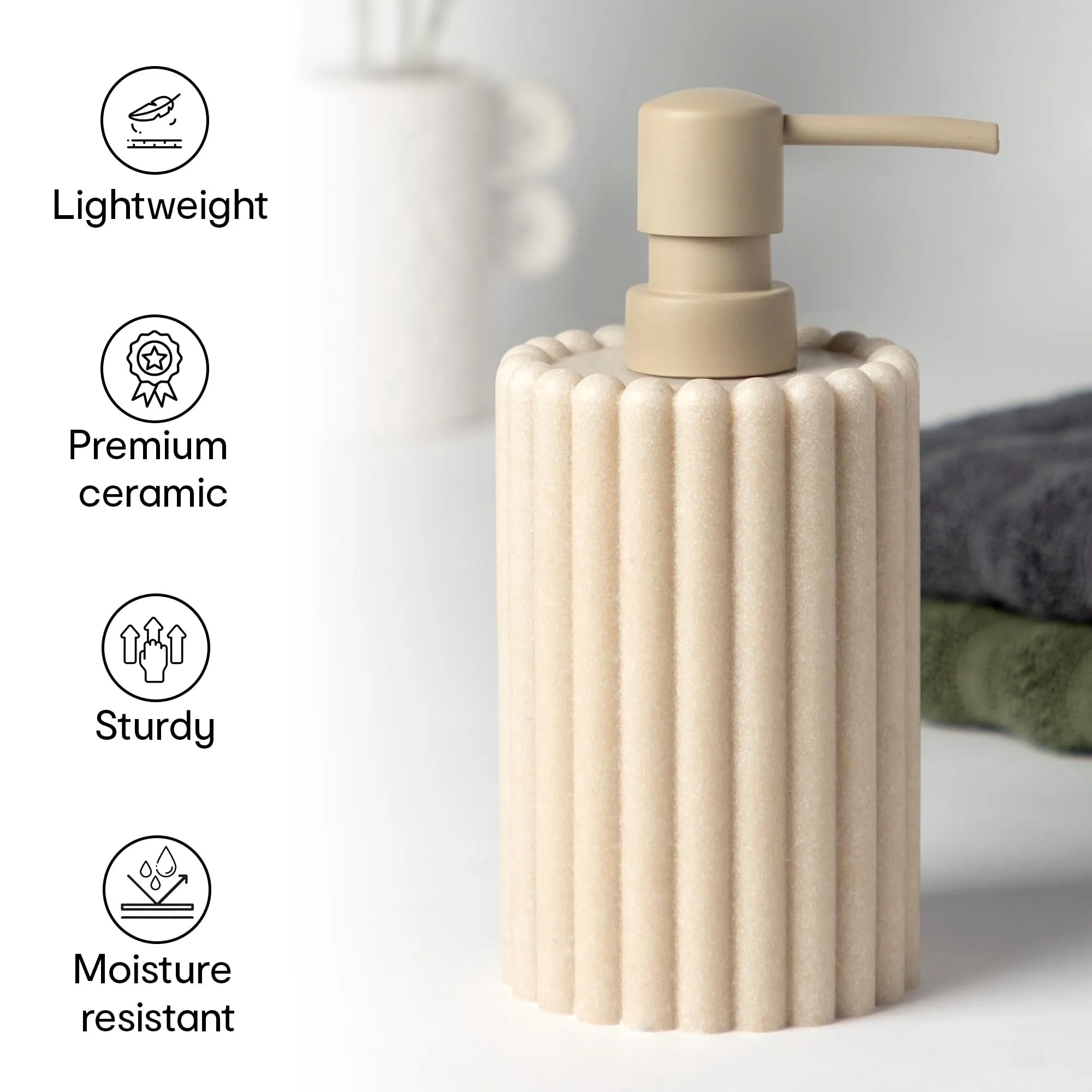 Anko Natural Rib Polyresin Soap Dispenser & Tumbler Set- 1 pc Each | Sanitizer, Lotion, Shampoo Dispenser | Storage Organizer for Stationery, Brushes, Toothpaste | Bathroom Accessories | 500 mL, Beige