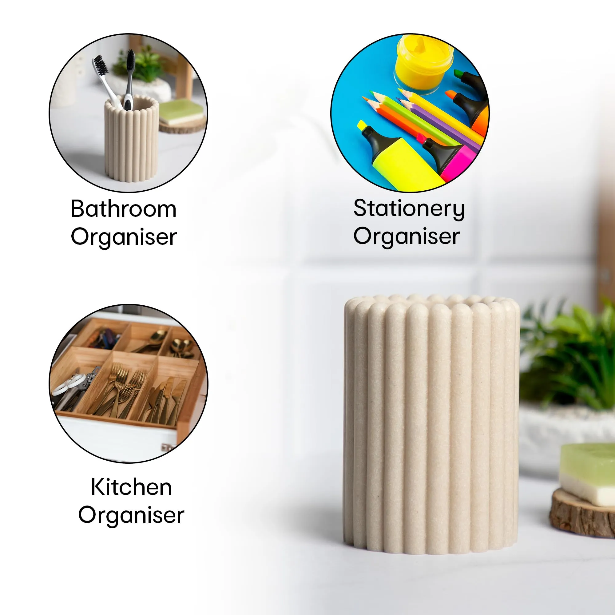 Anko Natural Rib Polyresin Soap Dispenser & Tumbler Set- 1 pc Each | Sanitizer, Lotion, Shampoo Dispenser | Storage Organizer for Stationery, Brushes, Toothpaste | Bathroom Accessories | 500 mL, Beige