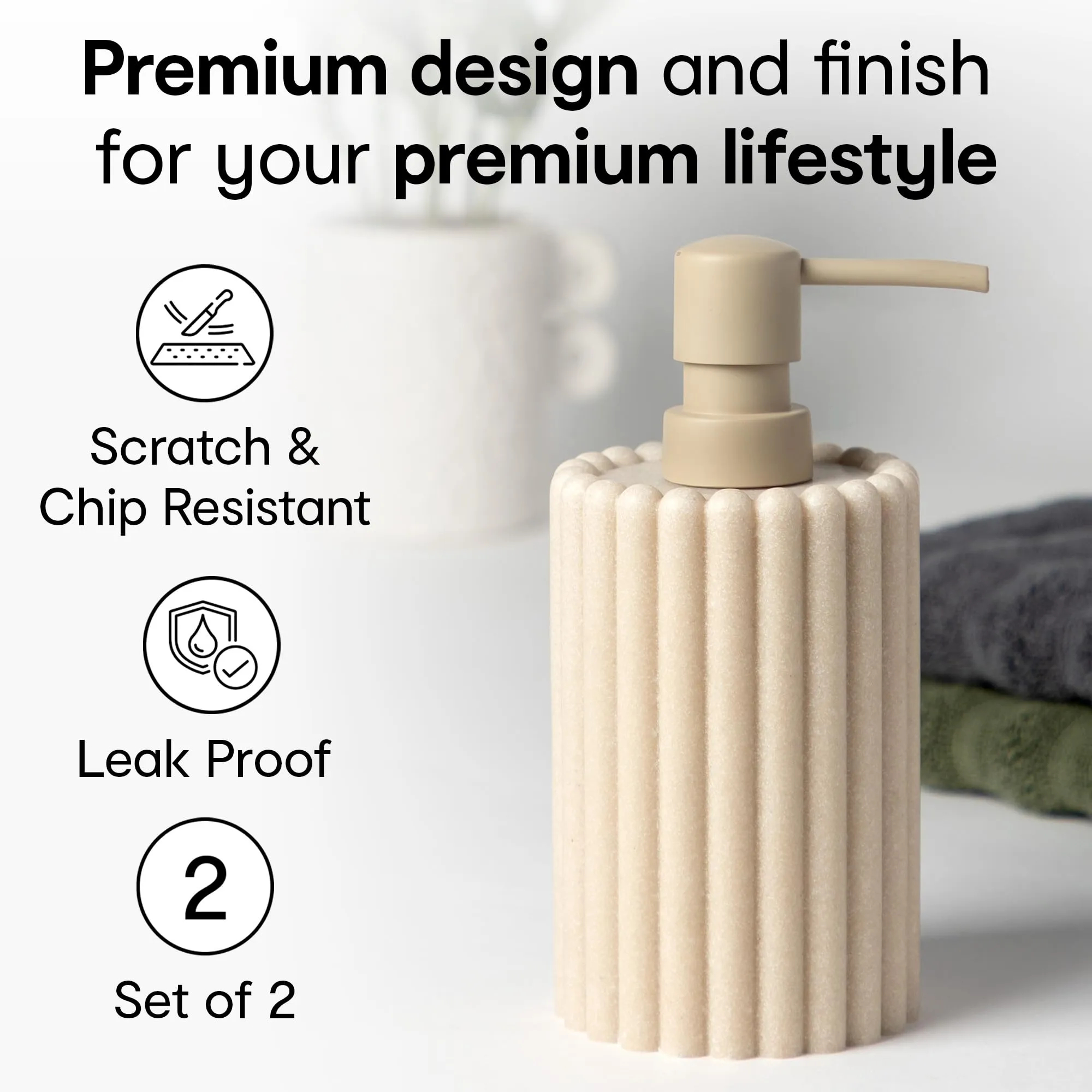 Anko Natural Rib Polyresin Soap Dispenser & Tumbler Set- 1 pc Each | Sanitizer, Lotion, Shampoo Dispenser | Storage Organizer for Stationery, Brushes, Toothpaste | Bathroom Accessories | 500 mL, Beige