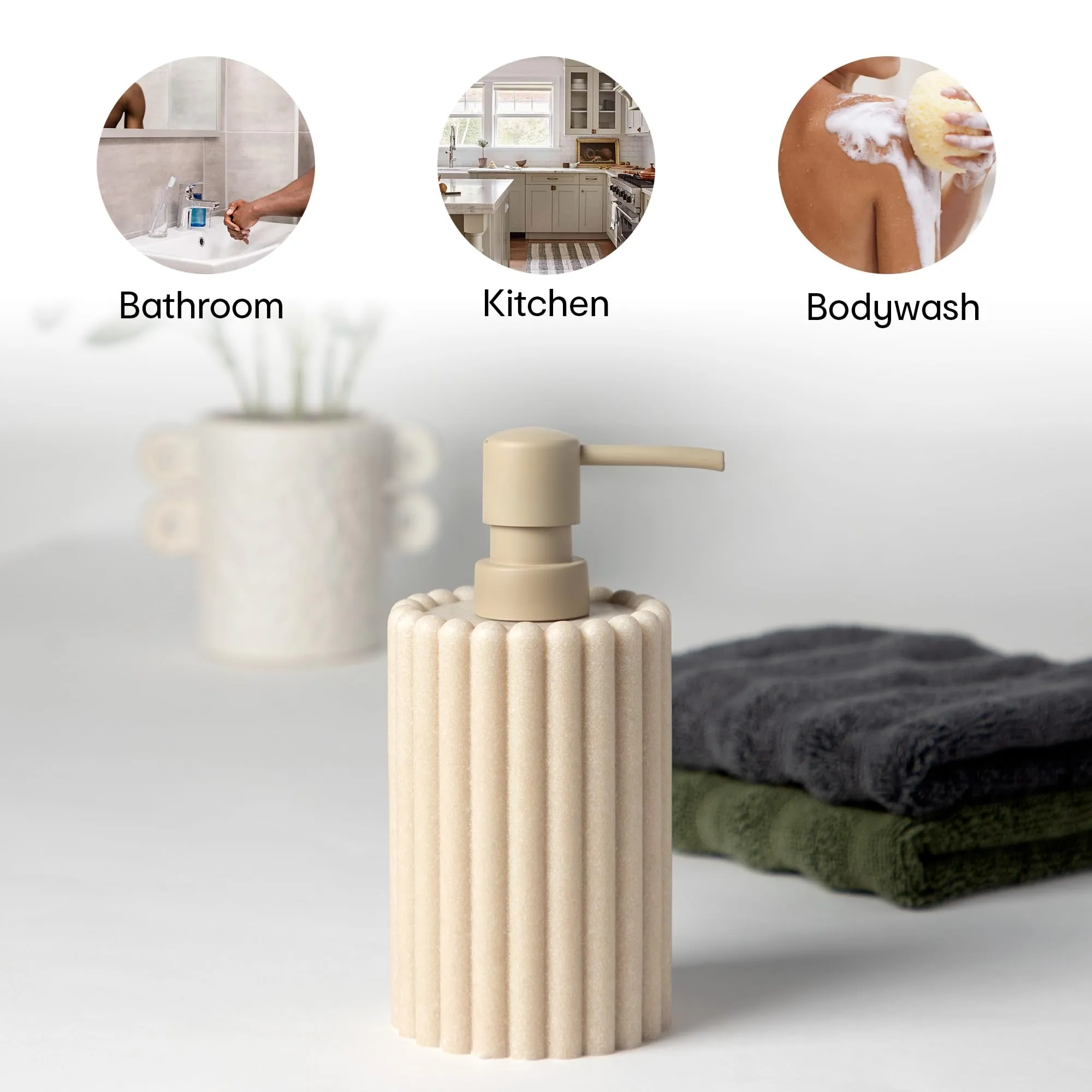 Anko Natural Rib Polyresin Soap Dispenser & Tumbler Set- 1 pc Each | Sanitizer, Lotion, Shampoo Dispenser | Storage Organizer for Stationery, Brushes, Toothpaste | Bathroom Accessories | 500 mL, Beige
