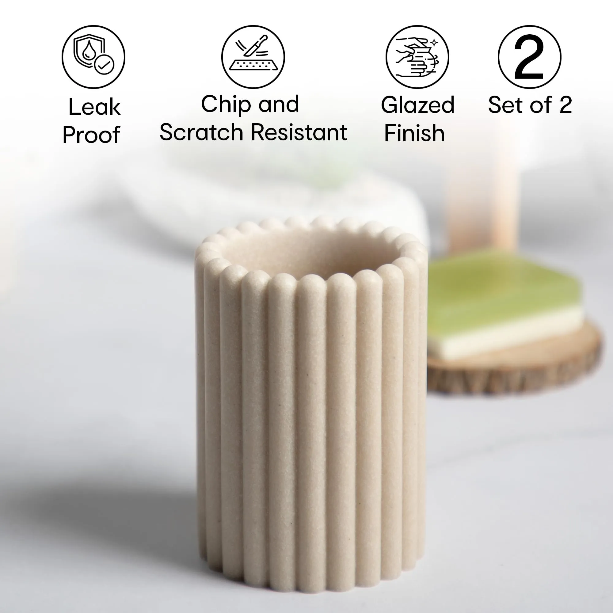 Anko Natural Rib Polyresin Soap Dispenser & Tumbler Set- 1 pc Each | Sanitizer, Lotion, Shampoo Dispenser | Storage Organizer for Stationery, Brushes, Toothpaste | Bathroom Accessories | 500 mL, Beige