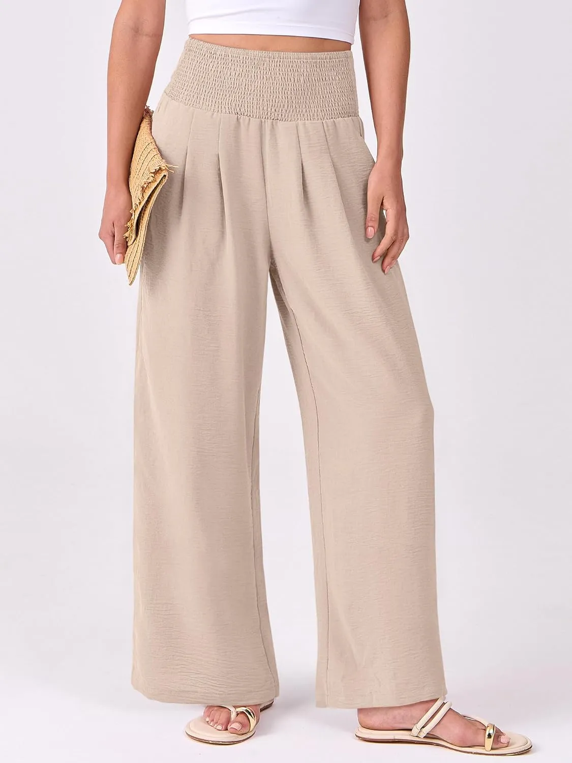 ANRABESS Women Palazzo Pants Summer Flowy Wide Leg High Waist Lounge Trousers with Pockets 2025 Casual Beach Vacation Outfits