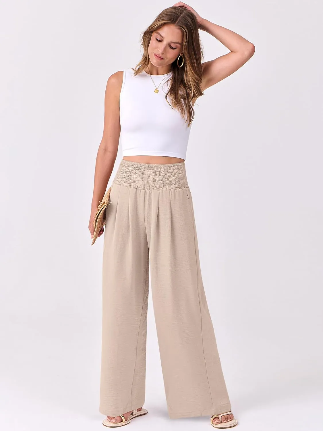 ANRABESS Women Palazzo Pants Summer Flowy Wide Leg High Waist Lounge Trousers with Pockets 2025 Casual Beach Vacation Outfits