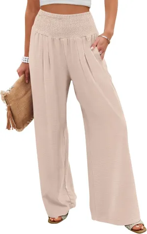 ANRABESS Women Palazzo Pants Summer Flowy Wide Leg High Waist Lounge Trousers with Pockets 2025 Casual Beach Vacation Outfits