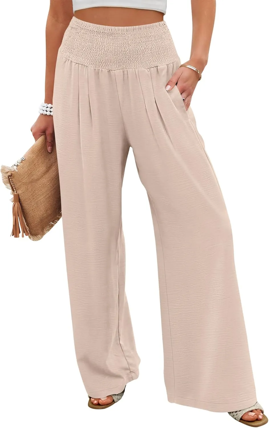 ANRABESS Women Palazzo Pants Summer Flowy Wide Leg High Waist Lounge Trousers with Pockets 2025 Casual Beach Vacation Outfits