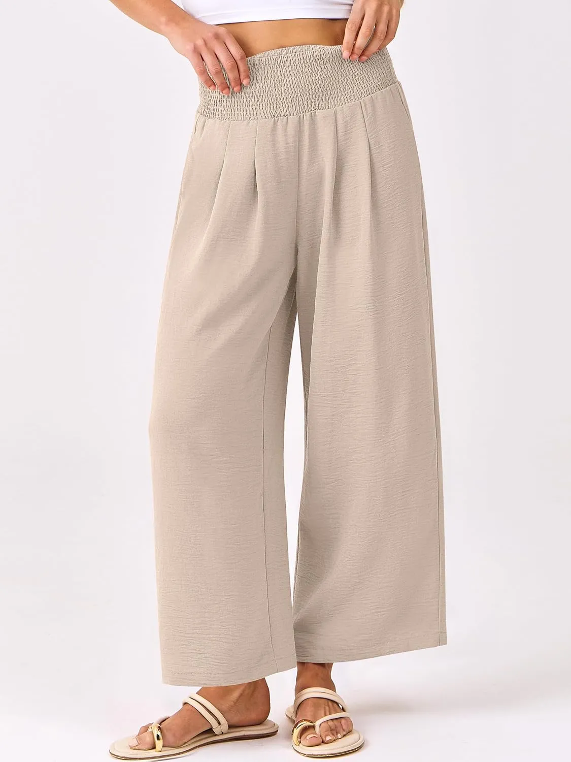 ANRABESS Womens Pants Wide Leg High Waisted Palazzo Pants Summer Flowy Beach Lounge Casual Trousers with Pockets