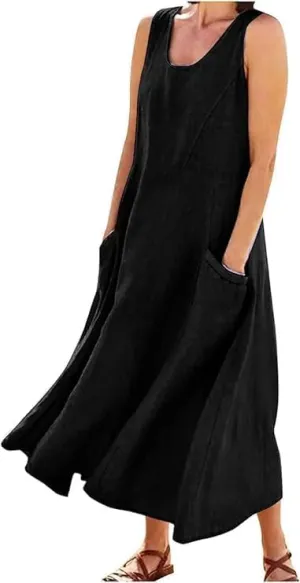 Apvirdy Linen Dress for Women Summer Sleeveless Solid Casual Baggy Flowy Maxi Dresses with Pockets