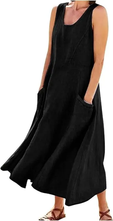 Apvirdy Linen Dress for Women Summer Sleeveless Solid Casual Baggy Flowy Maxi Dresses with Pockets