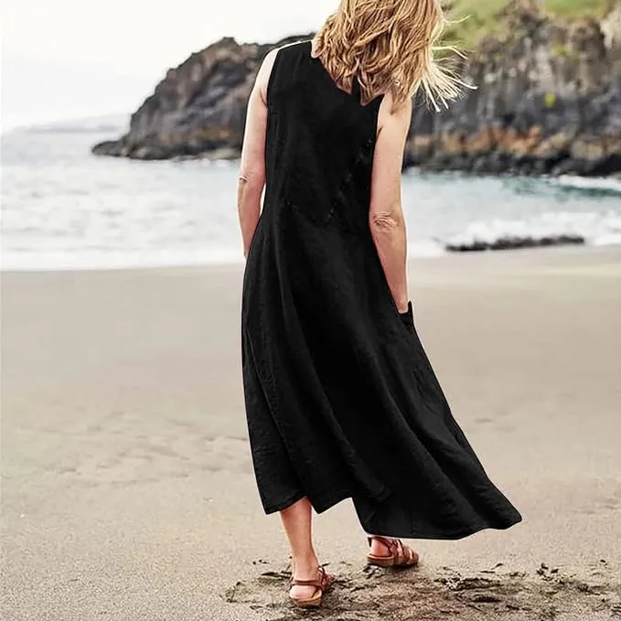 Apvirdy Linen Dress for Women Summer Sleeveless Solid Casual Baggy Flowy Maxi Dresses with Pockets