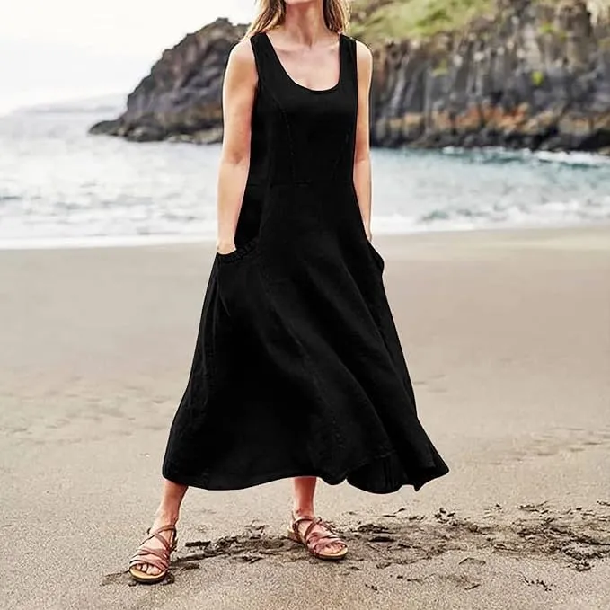 Apvirdy Linen Dress for Women Summer Sleeveless Solid Casual Baggy Flowy Maxi Dresses with Pockets