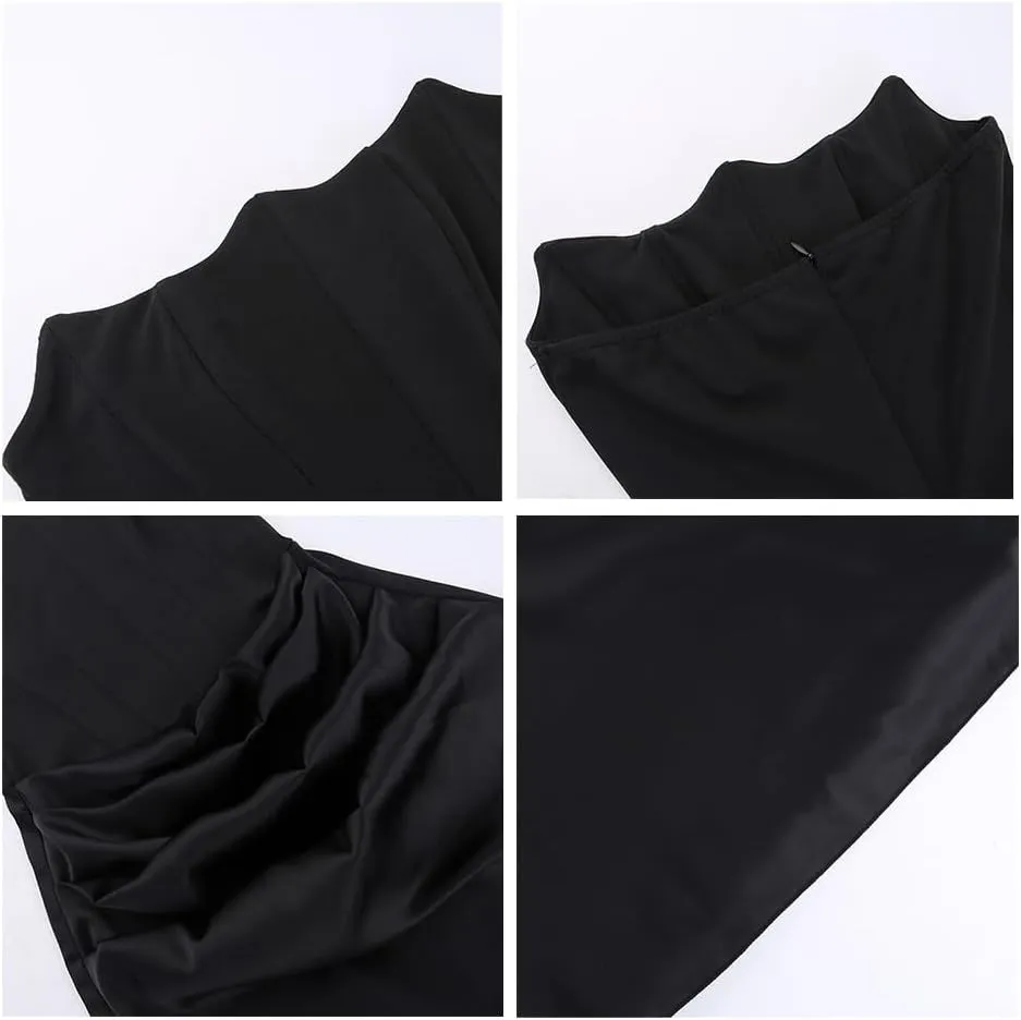 Autumn New Waist-Hugging Long Skirt European and American Style Satin Tube Top Pleated Splicing Dress for Women (Color : Black, Size : Small)
