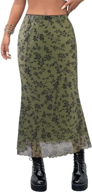 Avanova Women Mesh Boho Floral Midi Skirt High Waisted Mermaid Bodycon Skirt Green A Medium