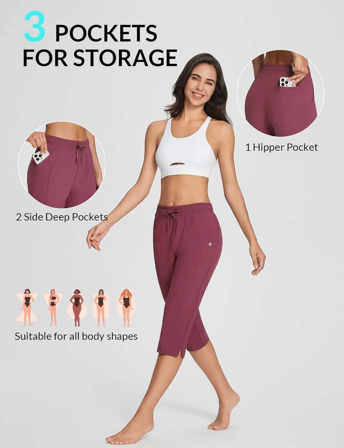 baleaf Women's Yoga Capris Pants with Pockets Lightweight UPF50  Drawstring Waist Petite Athletic Sweatpants Casual Summer