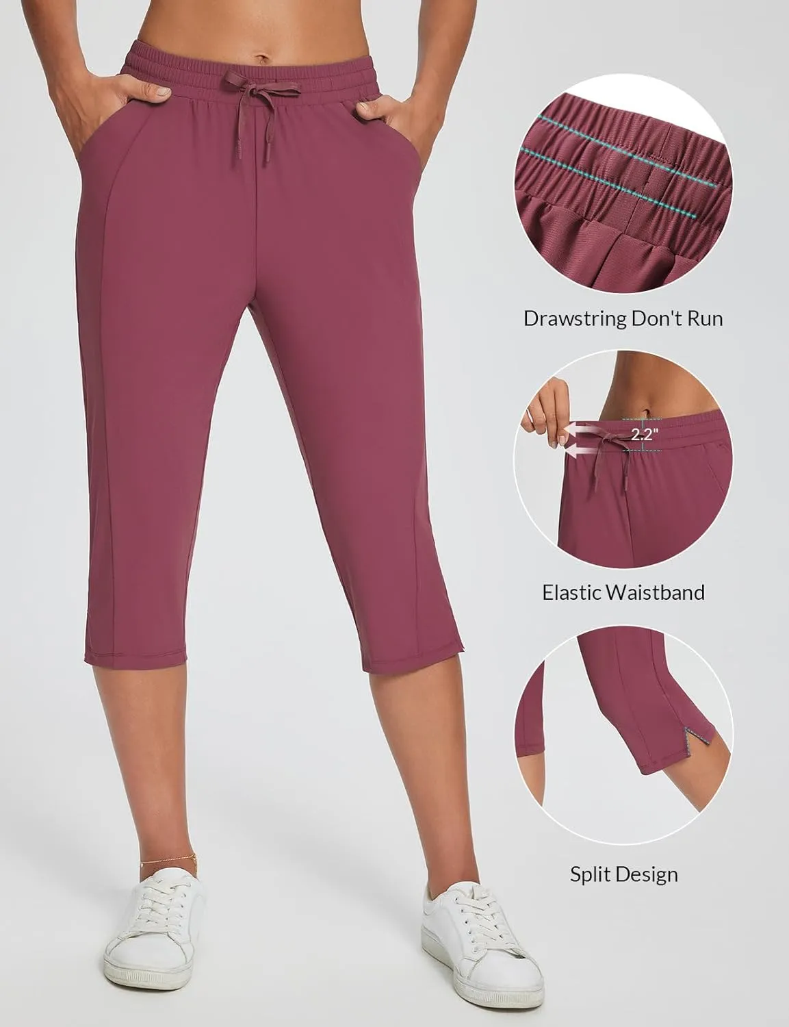 baleaf Women's Yoga Capris Pants with Pockets Lightweight UPF50  Drawstring Waist Petite Athletic Sweatpants Casual Summer