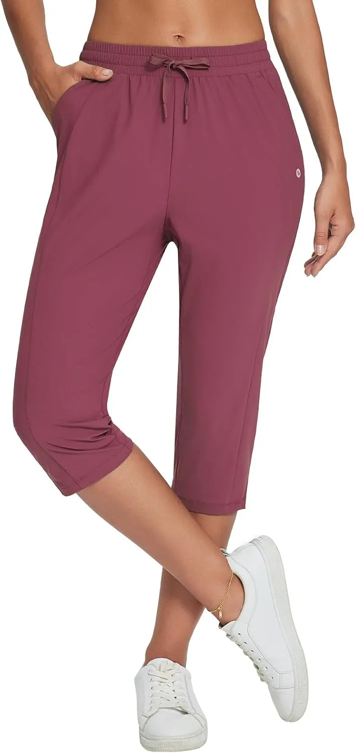 baleaf Women's Yoga Capris Pants with Pockets Lightweight UPF50  Drawstring Waist Petite Athletic Sweatpants Casual Summer